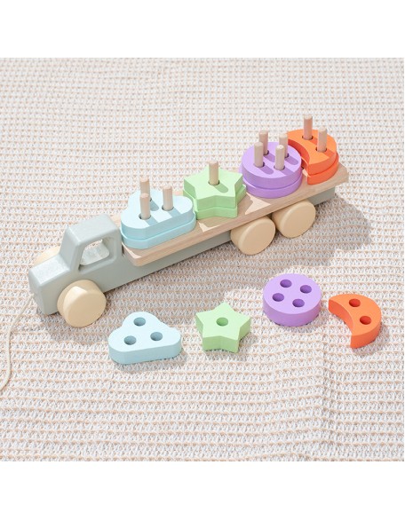 Young children early education Montessori wooden 2-in-1 macaron shape matching set column drag small train educational toy